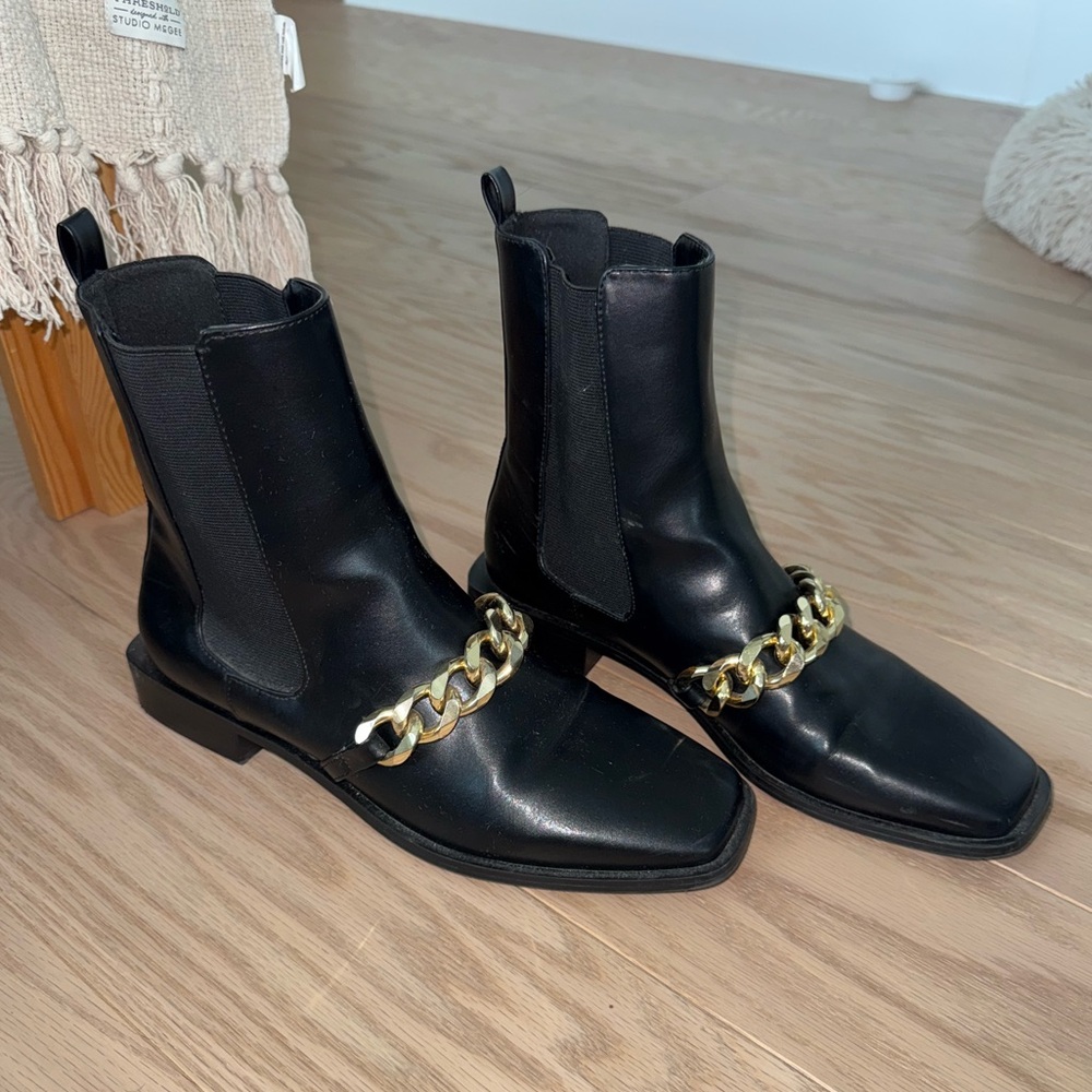 Zara Black Leather Ankle Boots with Gold Chain